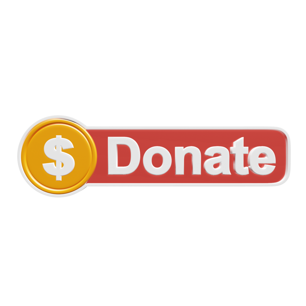 3d Donate button. Red Donate button and yellow coin. 3D illustration for social networks png