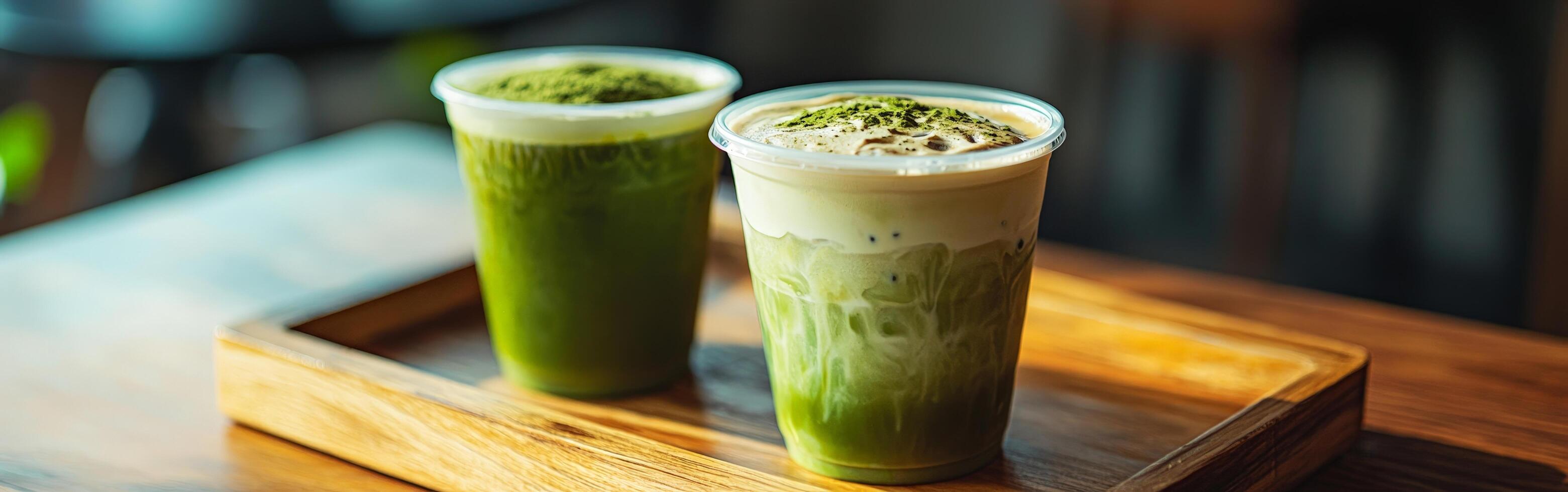 Two Iced Beverages on Tray with Greenery in the Background photo