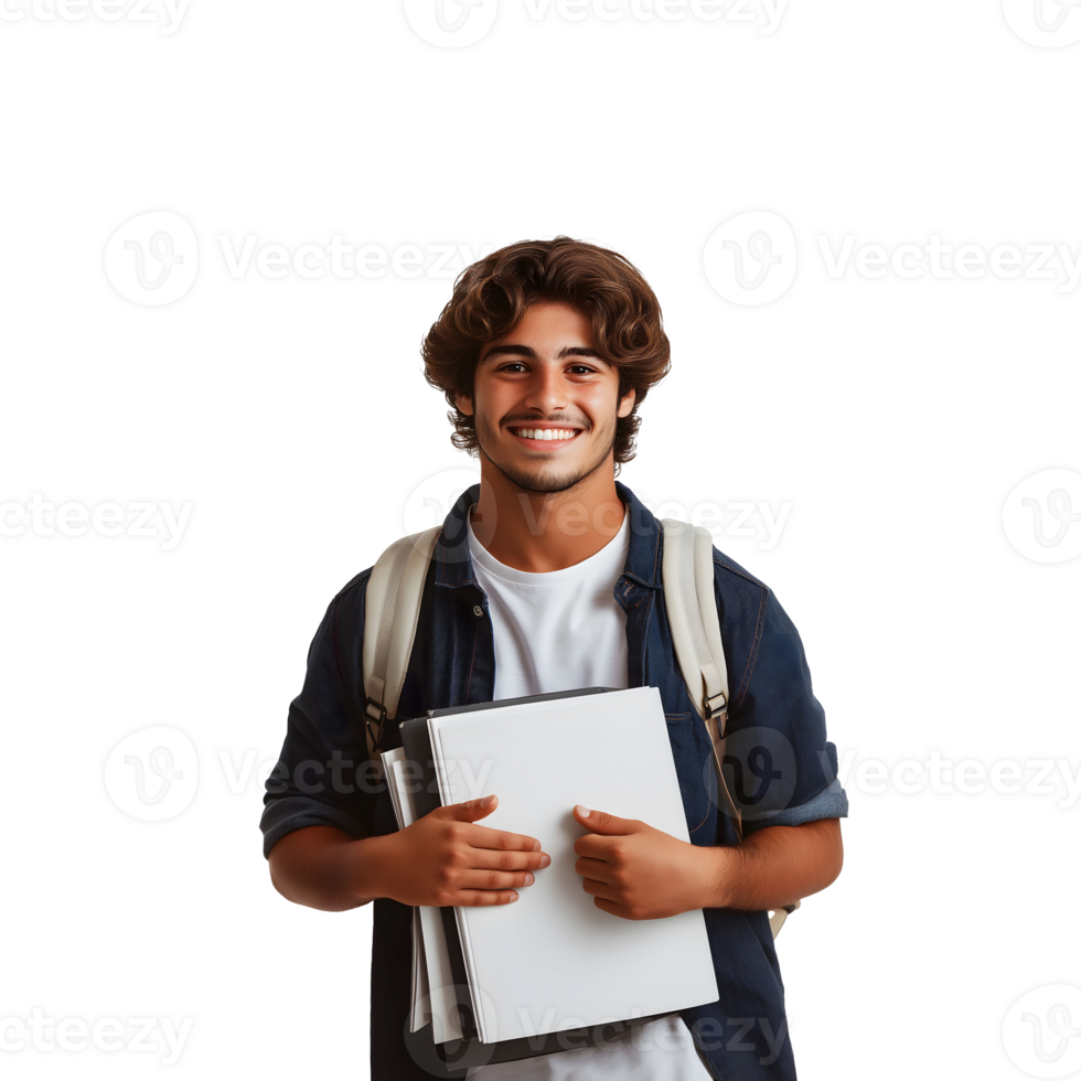 Smiling student with backpack and notebooks in hands png