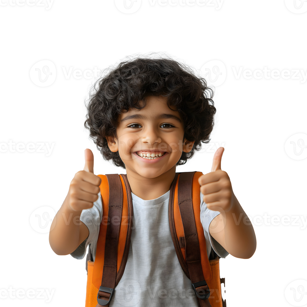 Smiling child with orange backpack giving a thumbs-up png