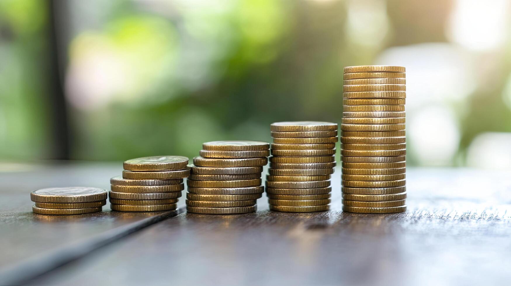 A stack of coins on a table photo