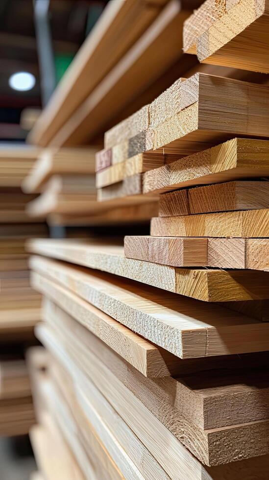 A pile of wood planks in a warehouse photo