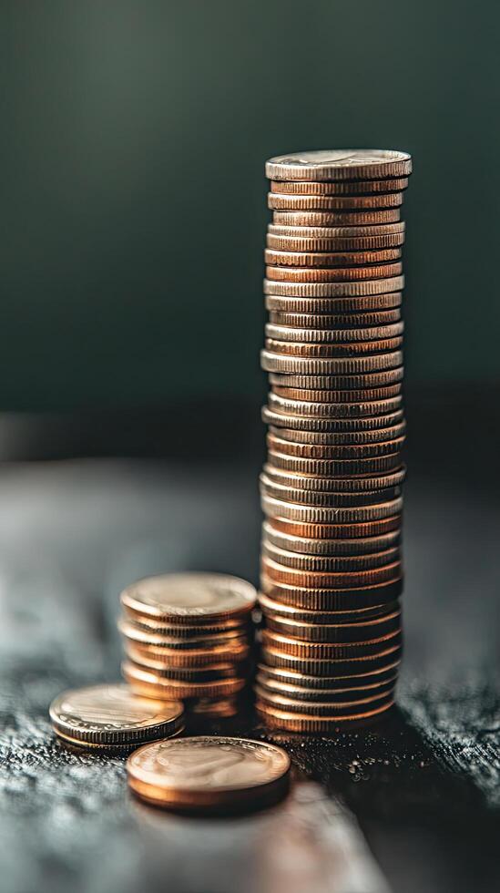 A stack of coins sitting on top of a table photo