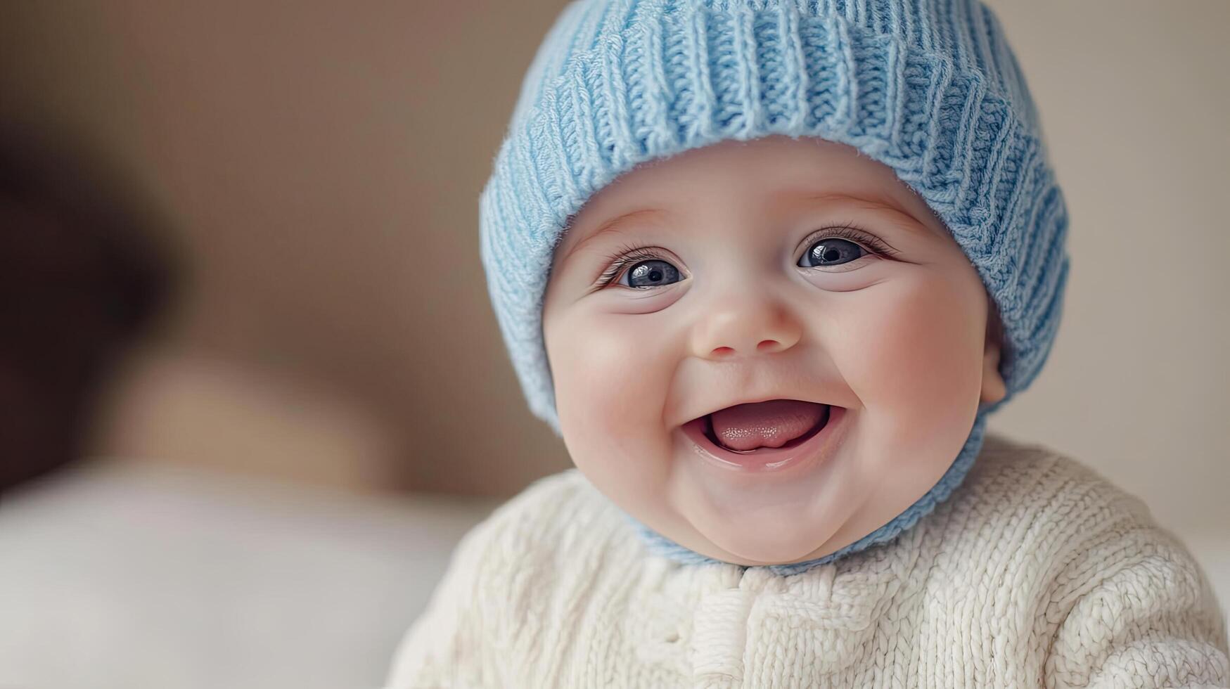 A baby wearing a blue knitted hat smiles photo