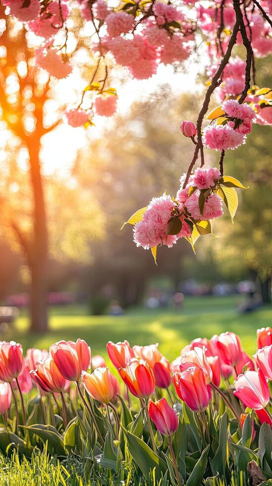 A field of pink tulips with the sun shining through the trees photo