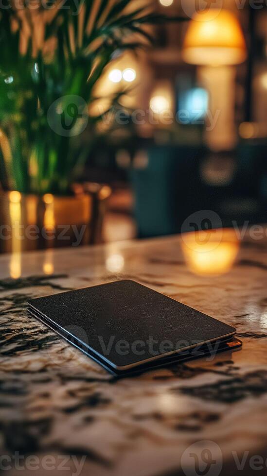 closed black menu lying on empty restaurant table at night photo