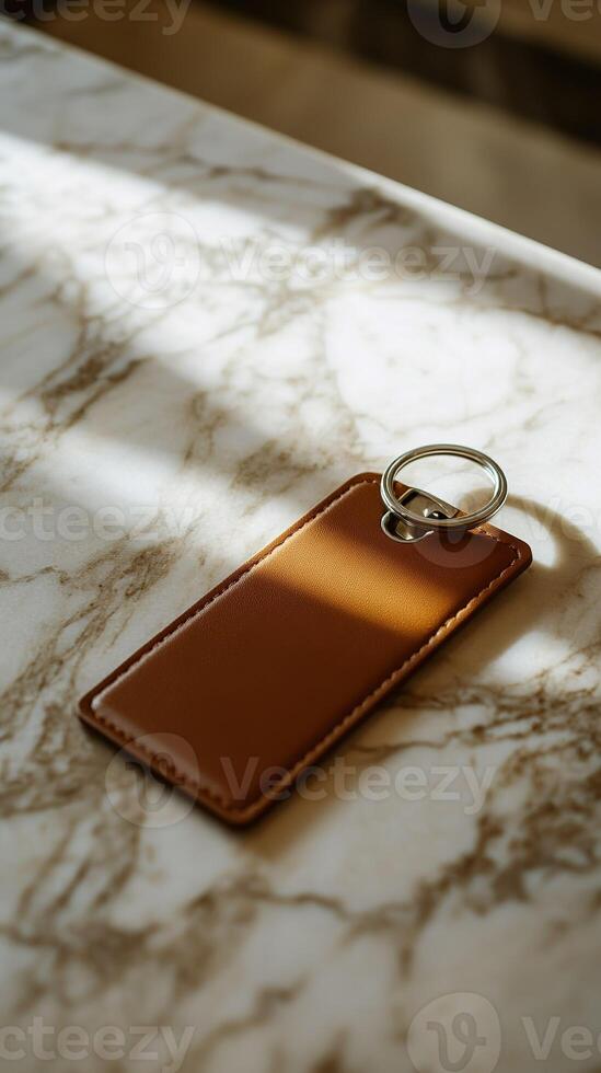 leather keychain resting on marble table with sunlight casting shadows photo