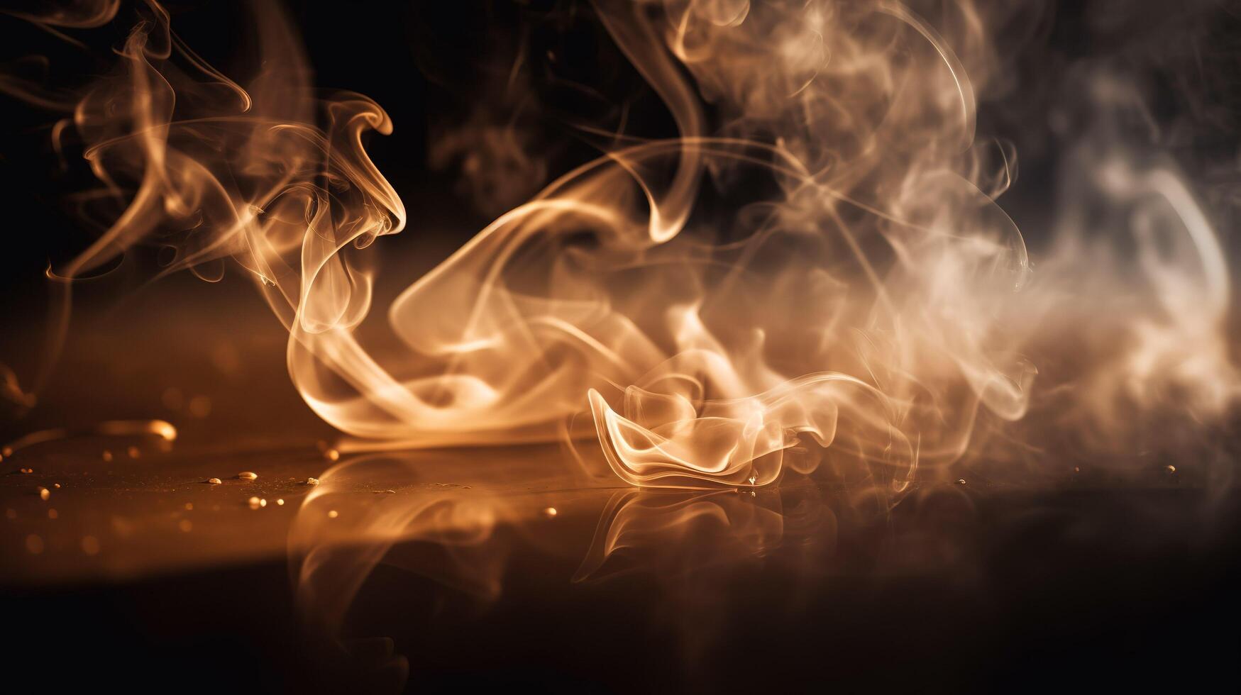 Golden smoke flowing on dark background with reflection photo