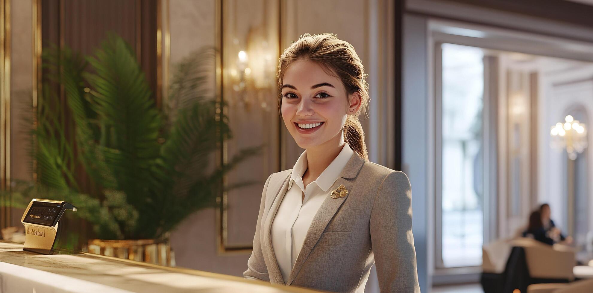smiling receptionist welcoming guests in luxurious hotel photo