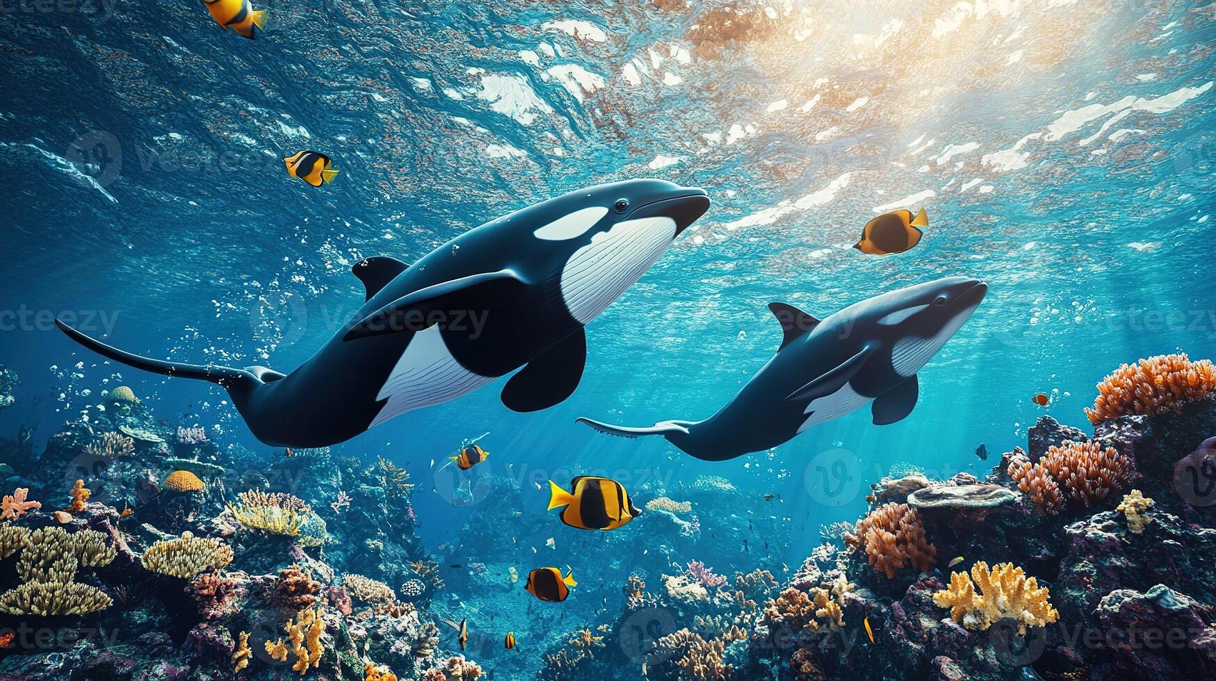 two killer whales swimming over a colorful coral reef photo