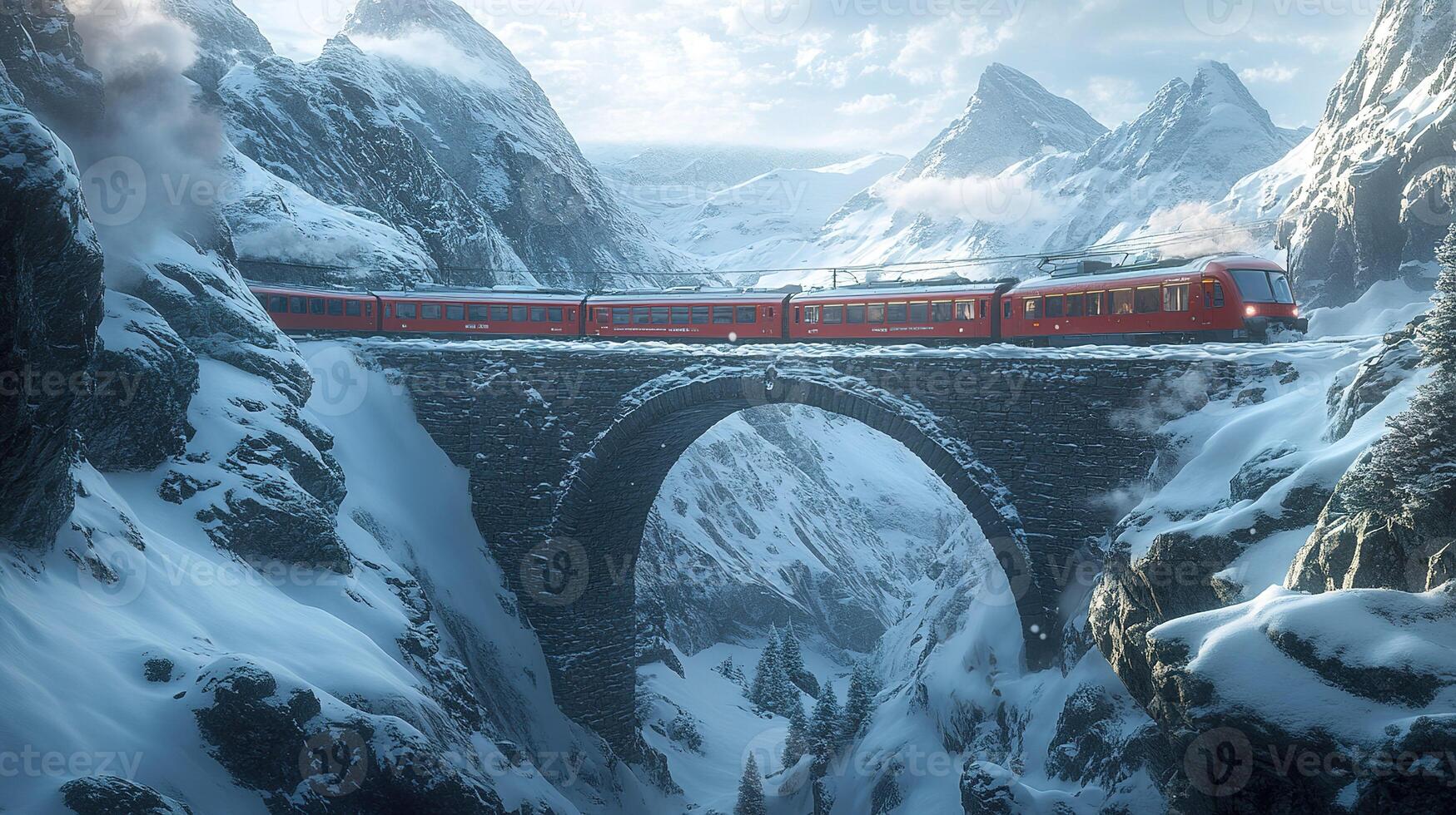 red train crossing bridge in snow covered mountains photo