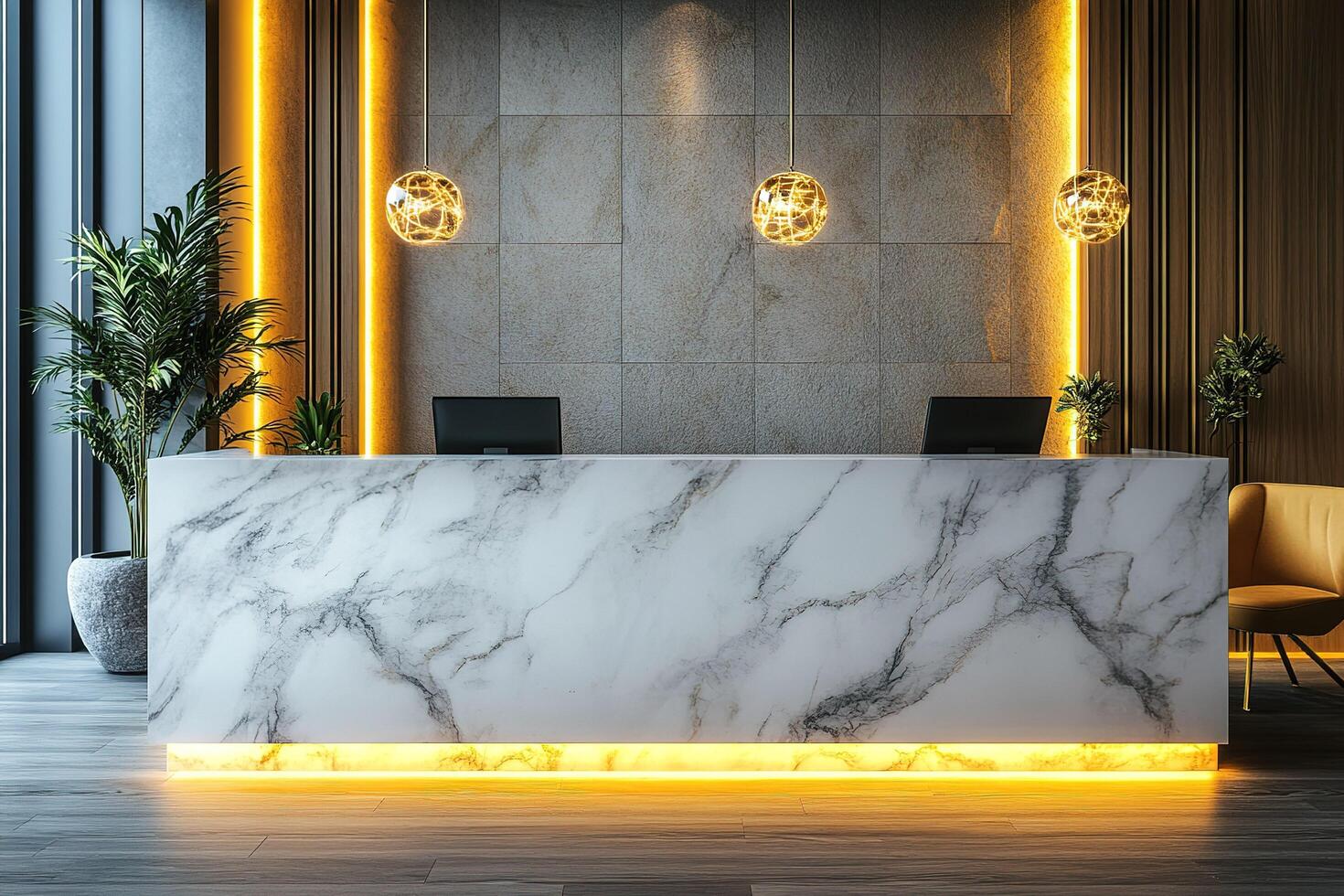 modern reception desk with marble finish and warm lighting photo