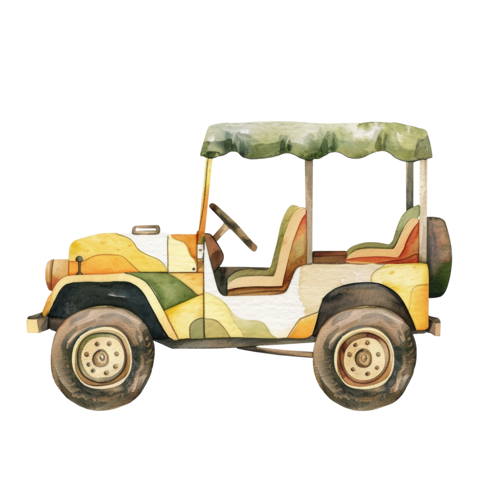 Watercolor cute vintage green safari car of soldier army for travel and camping clip art element illustration png