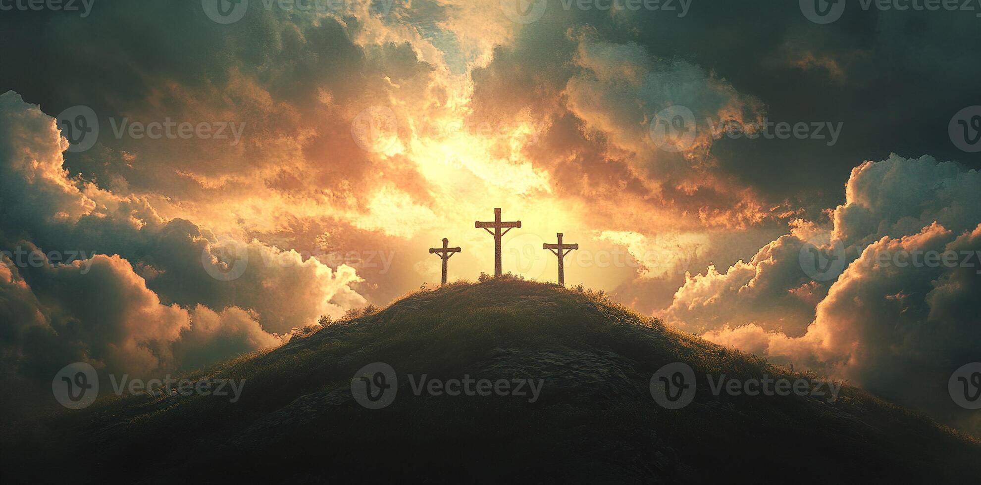 three crosses on calvary hill at sunset symbolizing christianity and faith photo