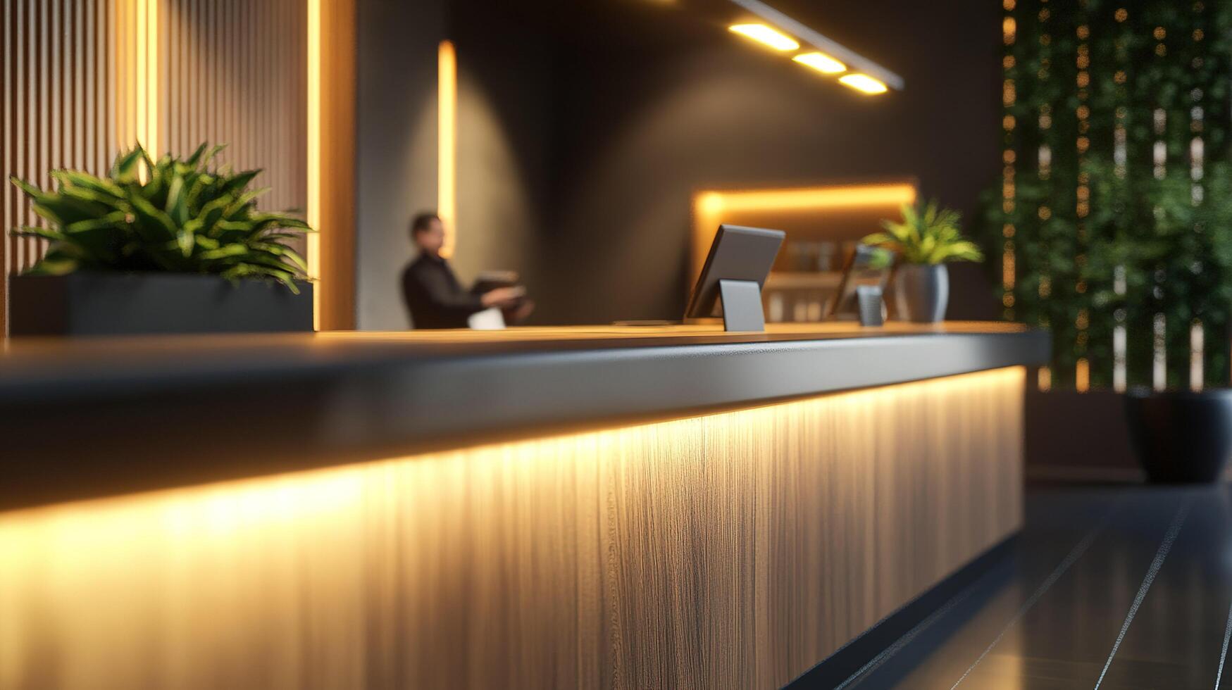 modern reception desk with ambient lighting photo