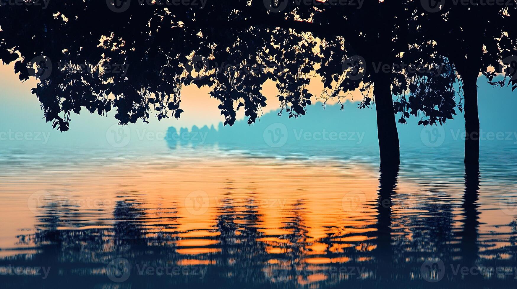 serene sunset reflection on tranquil lake waters photo