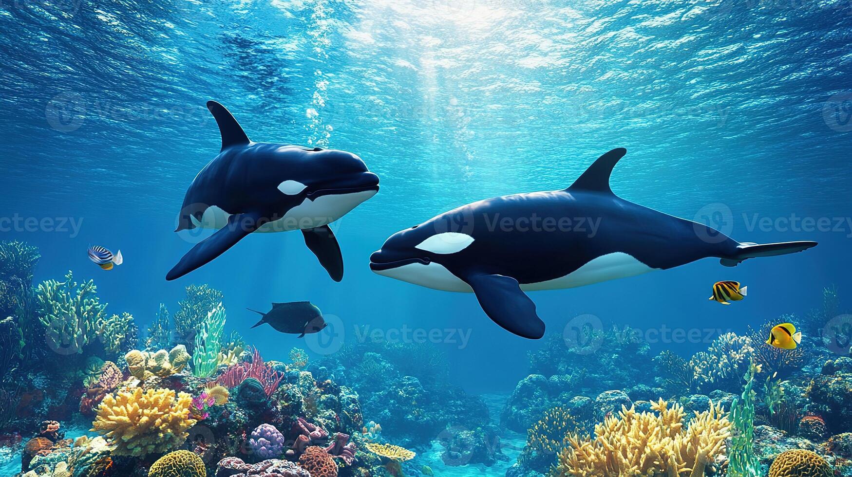 Ai produces two killer whales swimming over a colorful coral reef photo
