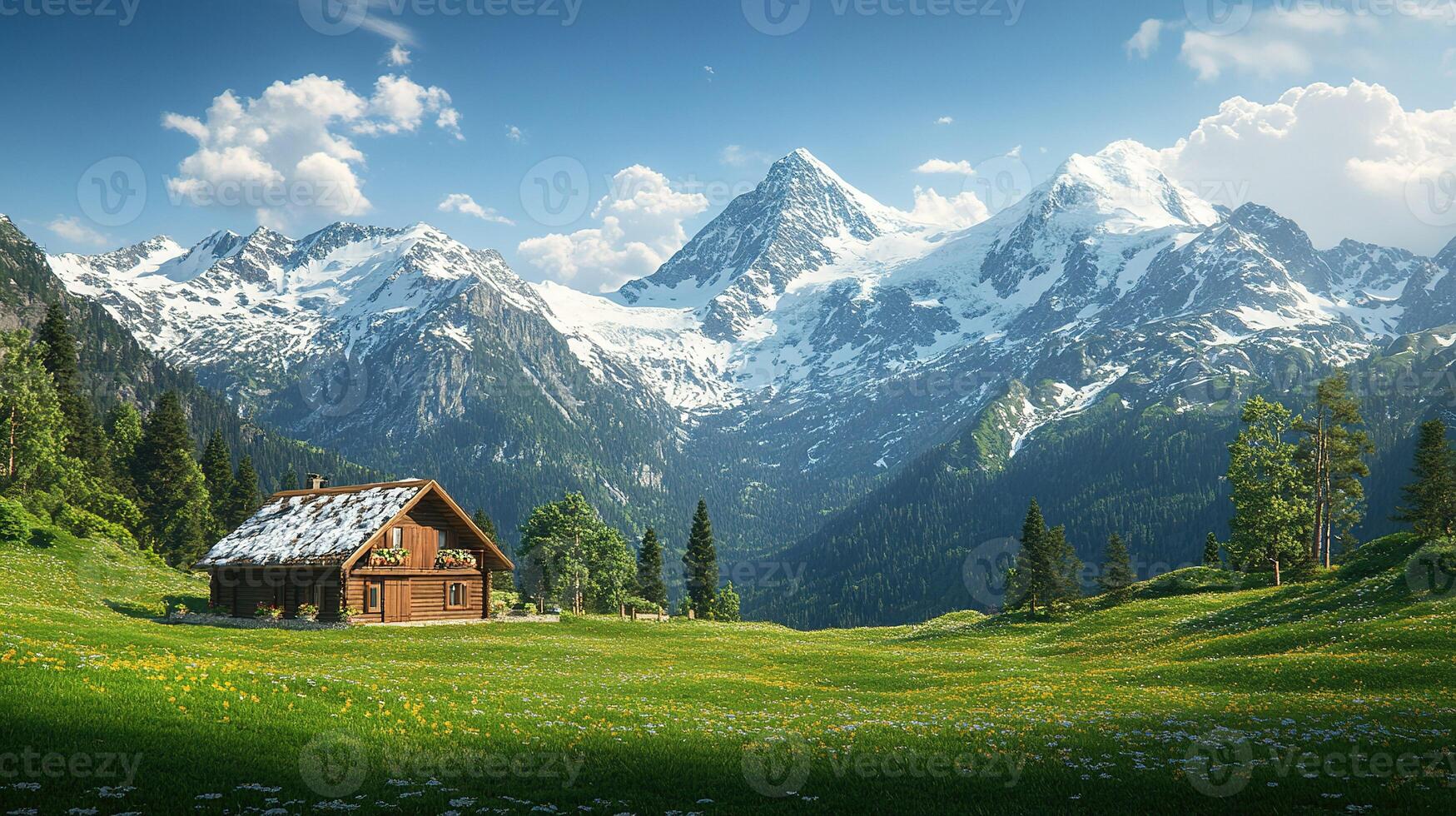 wooden chalet nestled in a blooming meadow with majestic snow-capped mountains in the background photo