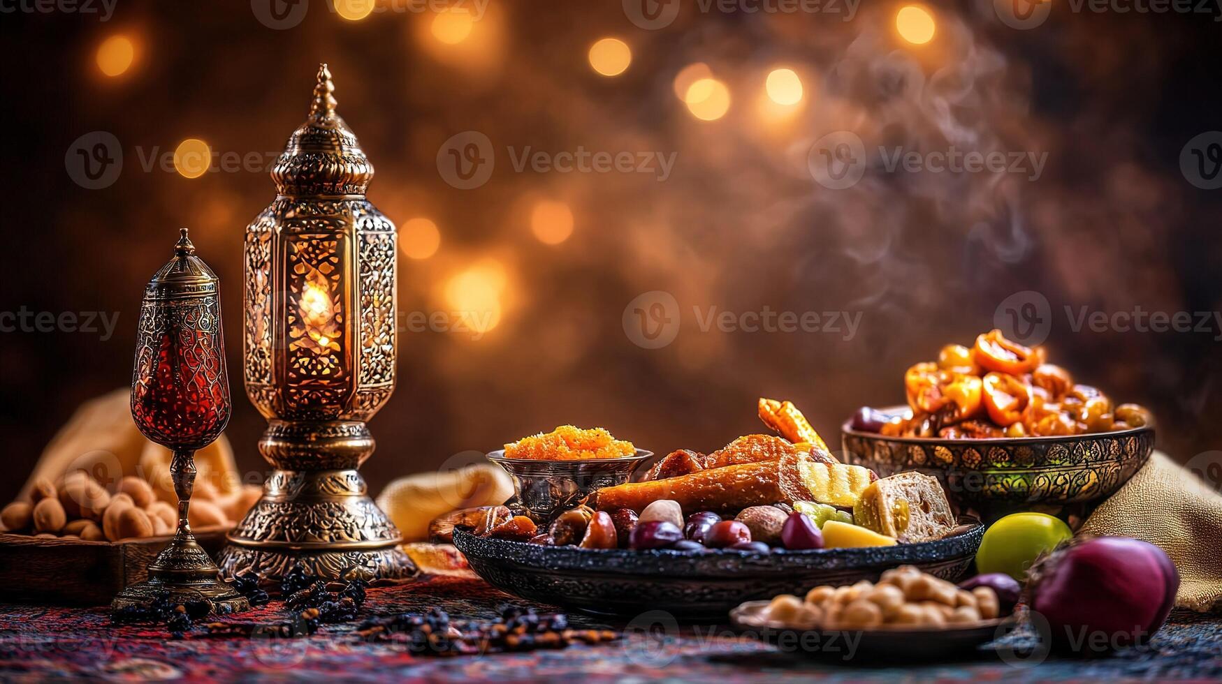 ramadan festive food, dates, nuts and traditional lantern celebrating holy month with warm bokeh lights photo