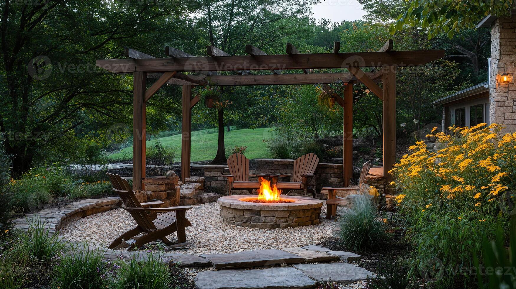 cozy outdoor fire pit with wooden pergola photo