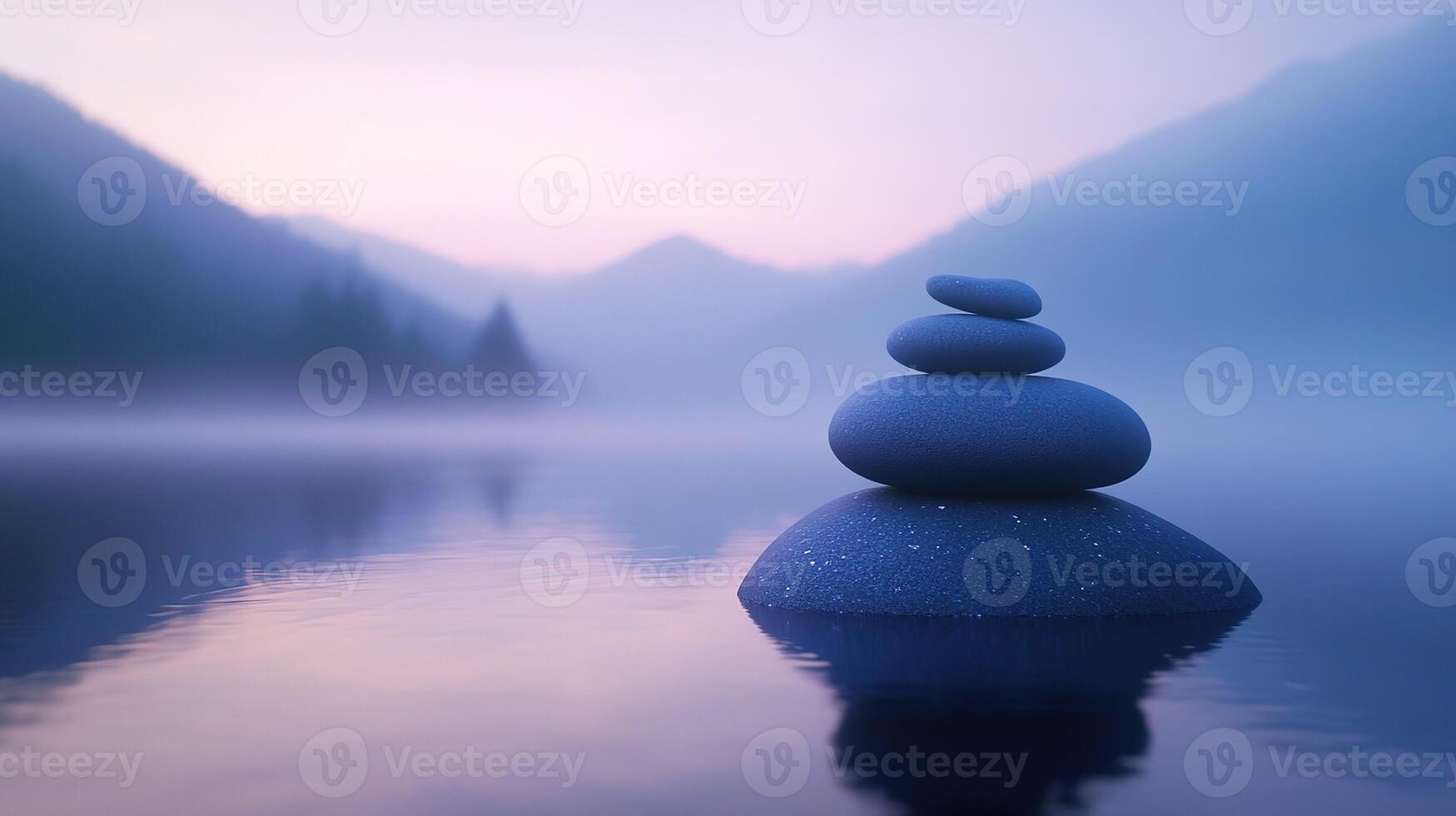 stack of zen stones balancing on rock in misty lake at sunrise photo