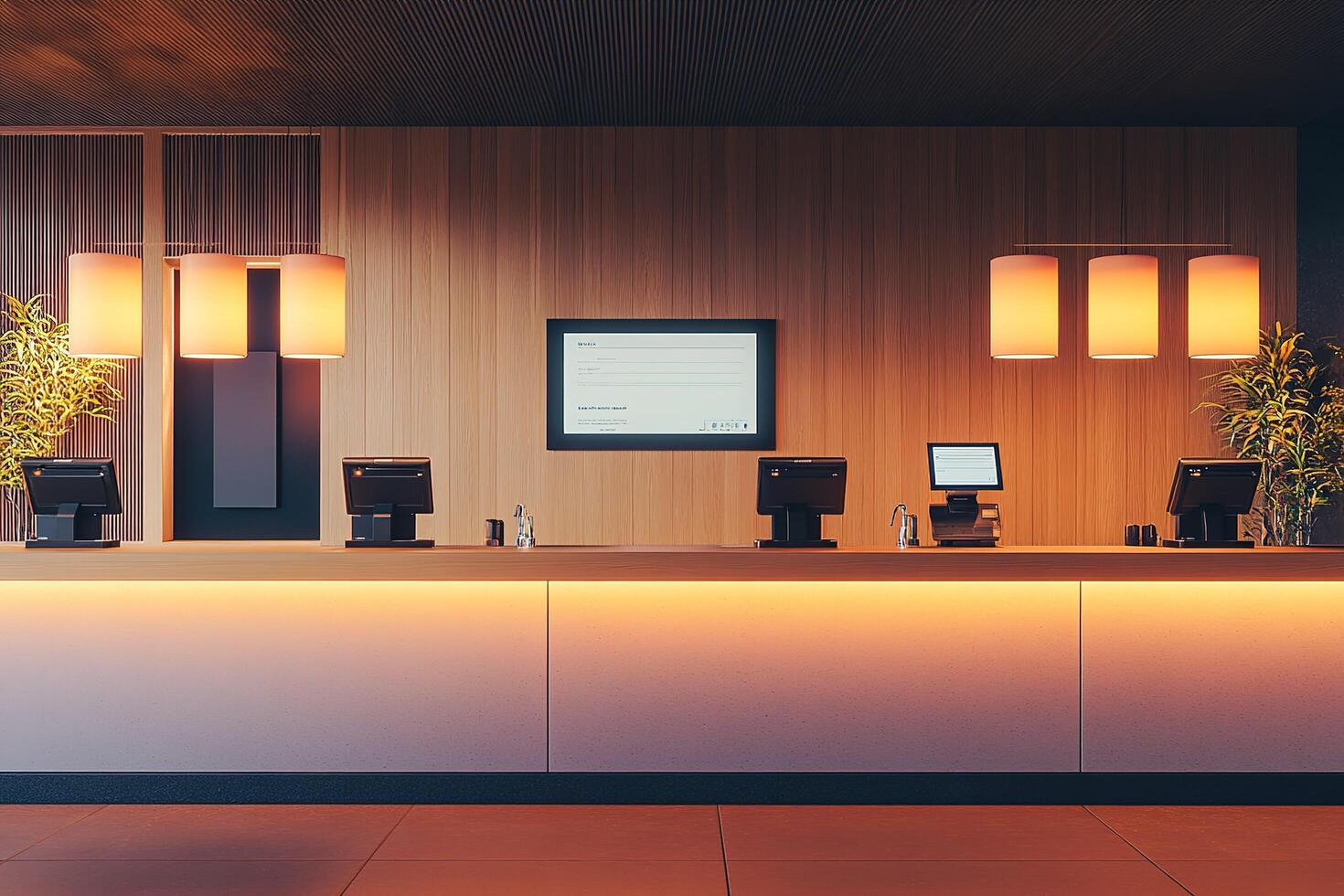 modern hotel reception desk with ambient lighting photo