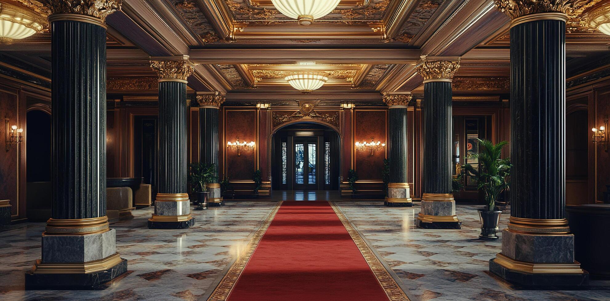 luxurious hotel lobby with red carpet and columns photo