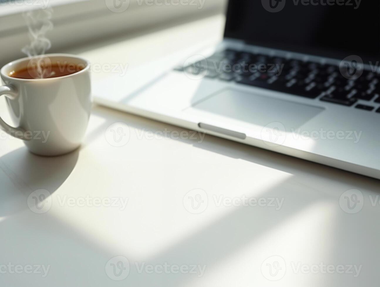 Laptop and steaming coffee on a clean white desk photo