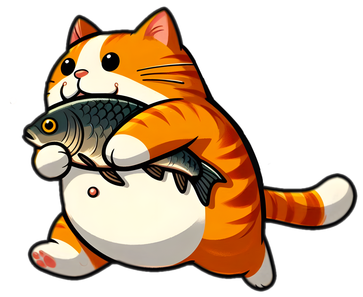 Cute Cartoon Cat Running with Fish png