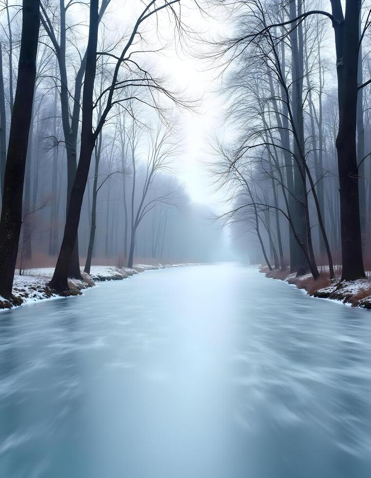 Beautiful winter landscape with foggy river and trees in the forest photo
