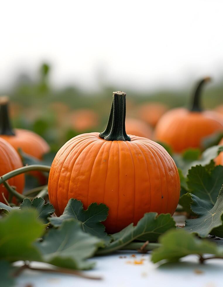 Pumpkin patch on sunny Autumn day. Selective focus. photo