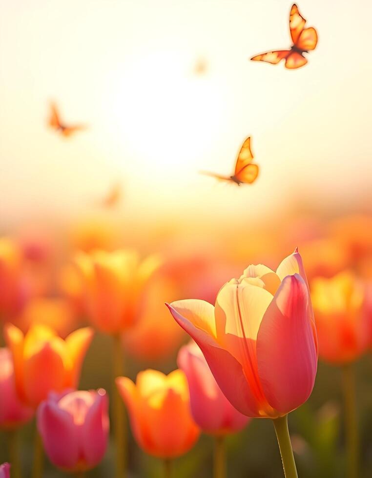Tulips and butterfly in the sunset light. Nature background. photo