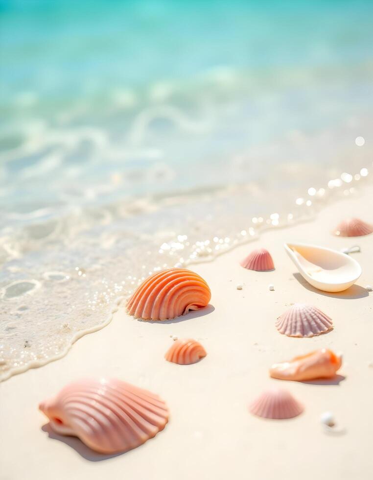 Seashells on white sand beach with turquoise water2 photo