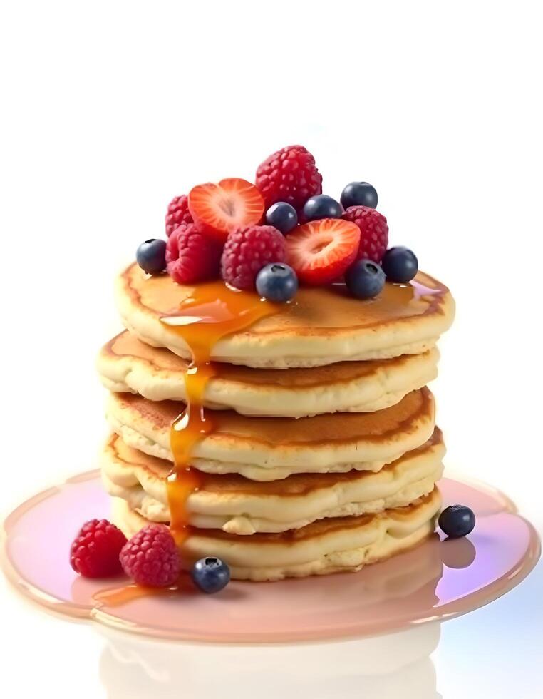 Stack of pancakes with fresh berries and maple syrup isolated on white background photo
