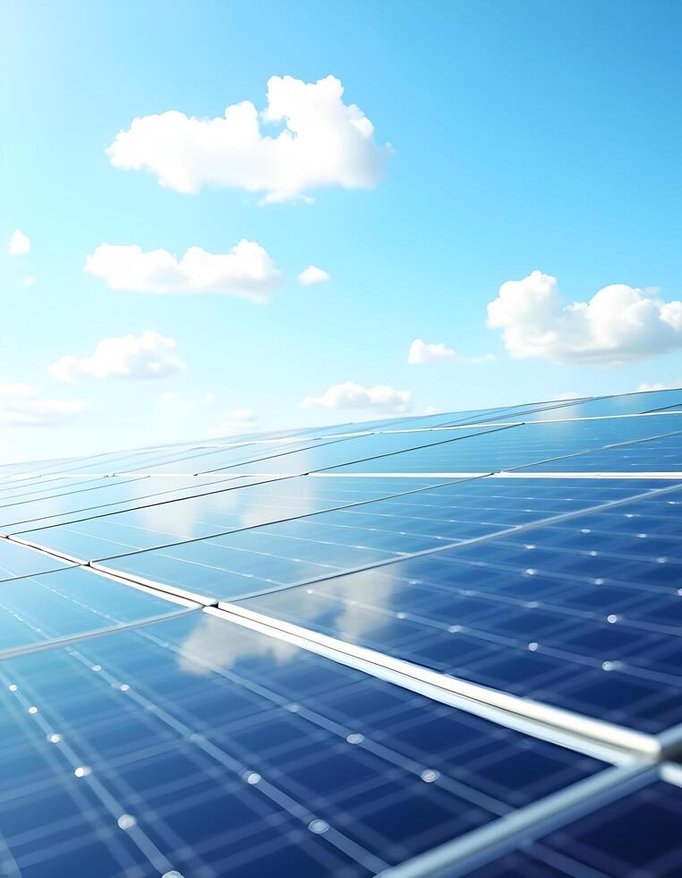 solar energy panels against blue sky with clouds 3d rendering image photo