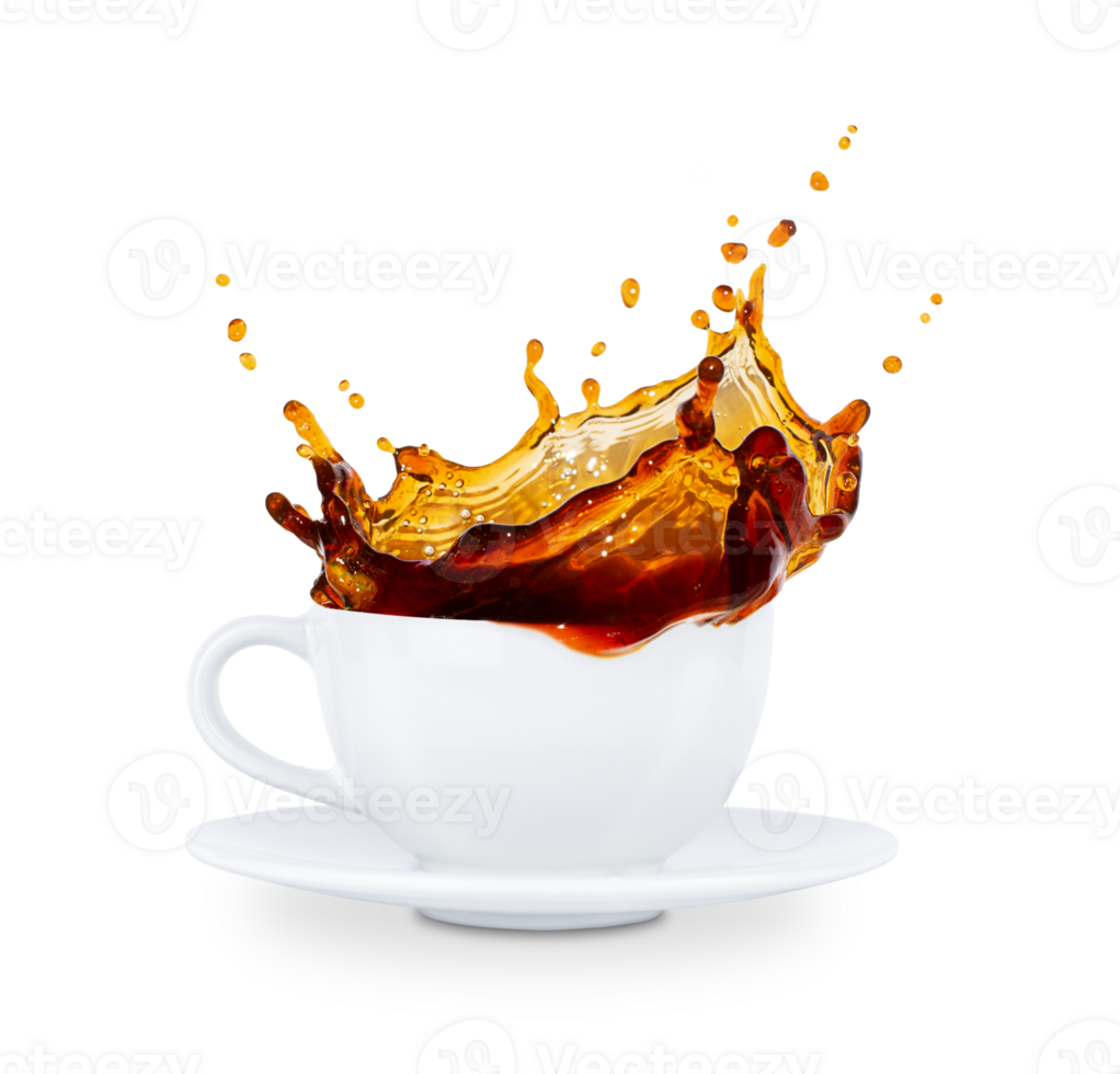 Coffee splash in white with floating coffee beans. Isolated on a transparent background. Stock photo. png
