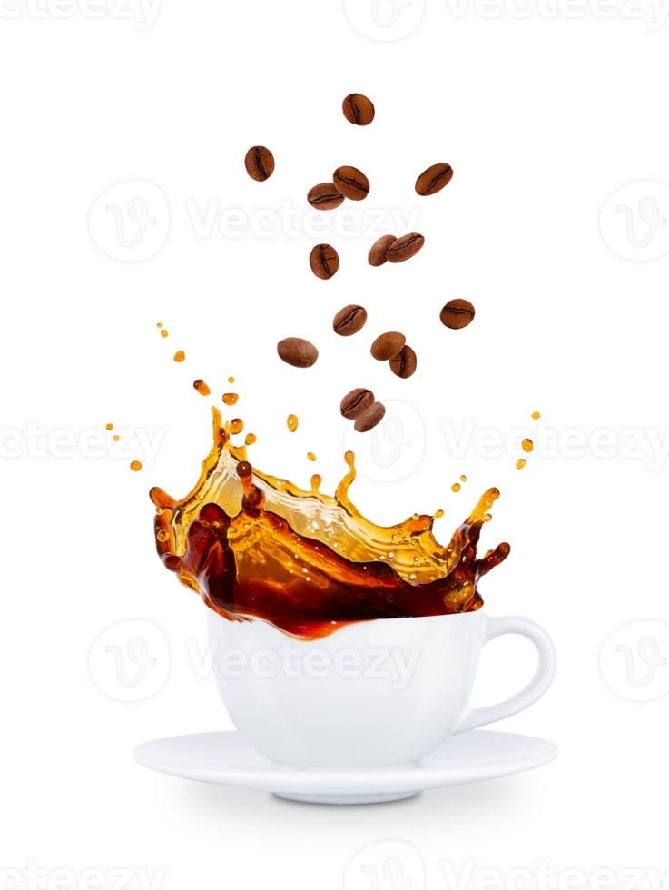 Coffee splash in white with floating coffee beans. Isolated on a transparent background. png