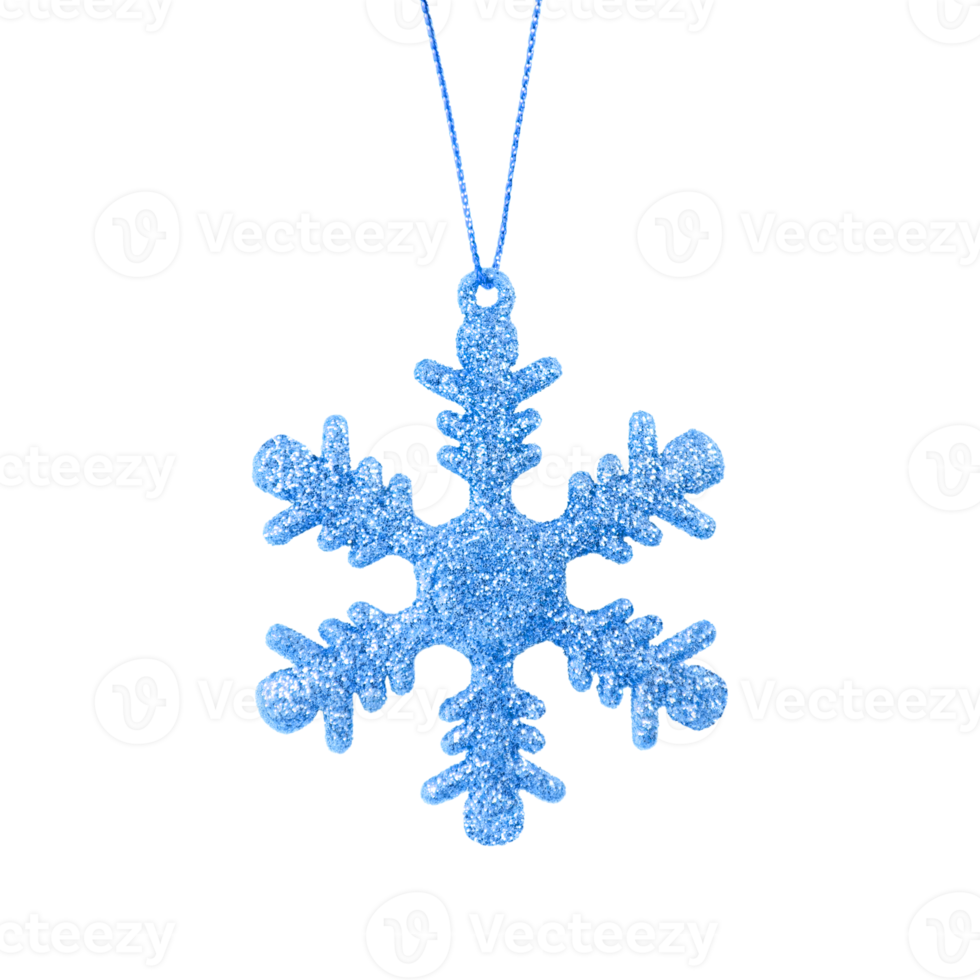 Hanging blue snowflake Christmas tree ornament isolated on a transparent background. Stock photo png