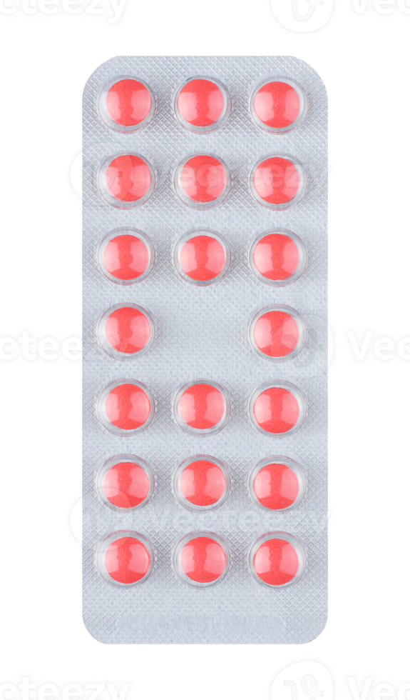 Red tablets in blister isolated on transparent background. Stock photo. png