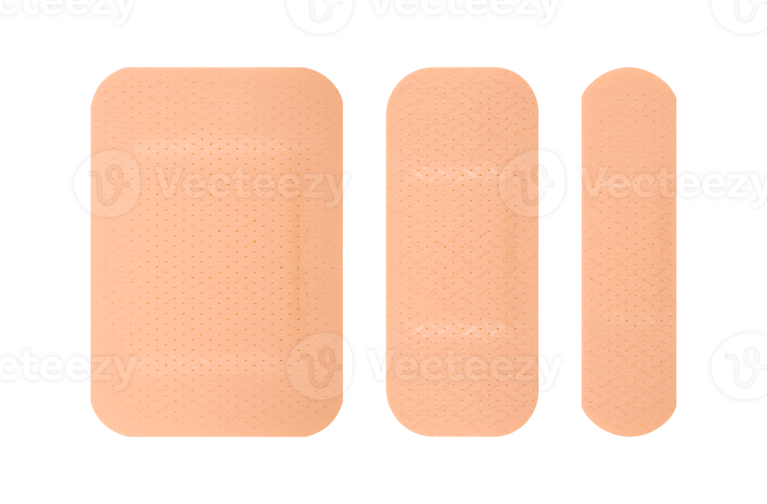 Three different sizes of skin toned adhesive bandages arranged side by side. The bandages have a perforated texture png