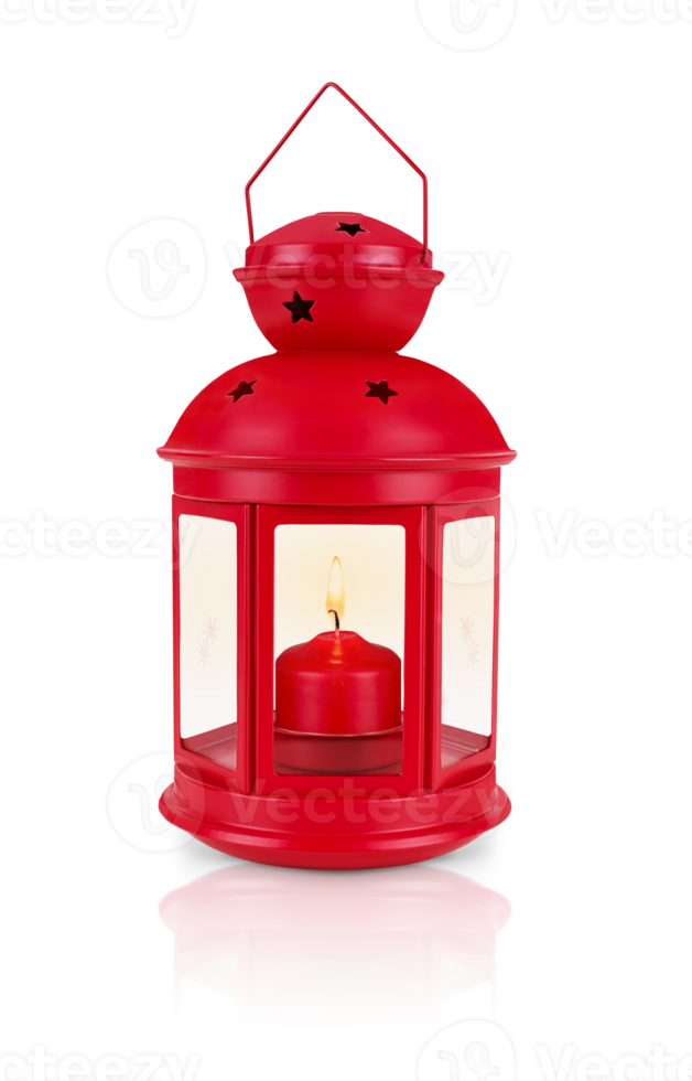 Red decorative lantern with a lit candle inside, isolated on a transparent background. Stock photo. png