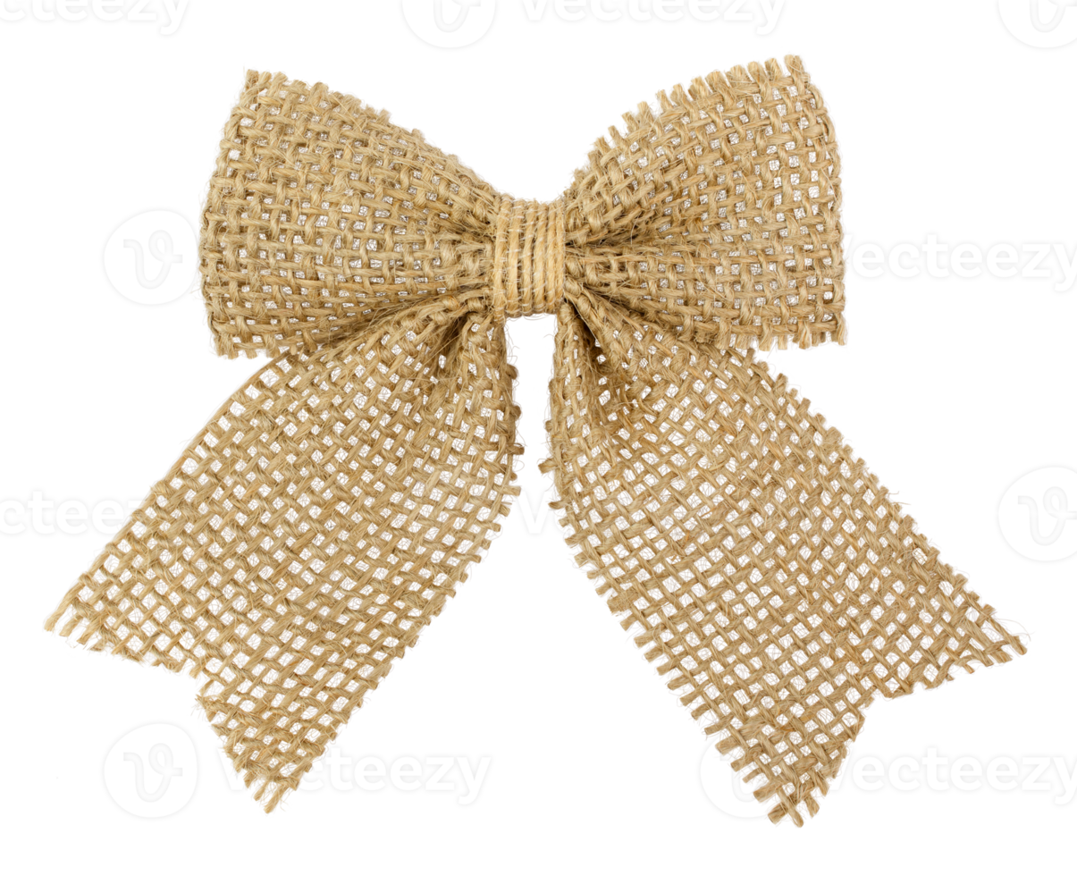 A decorative burlap bow made from natural jute fabric, isolated on a transparent background. png