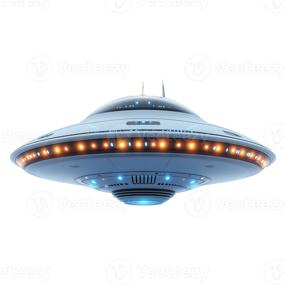 Futuristic Flying Saucer with Glowing Lights, Realistic UFO, on Transparent Background png