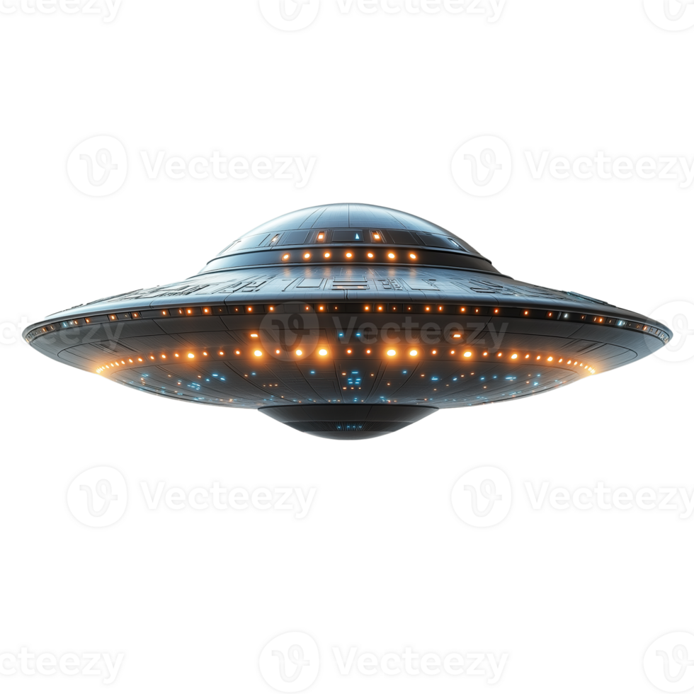 Futuristic Flying Saucer with Glowing Lights, Realistic UFO Isolated on Transparent Background png