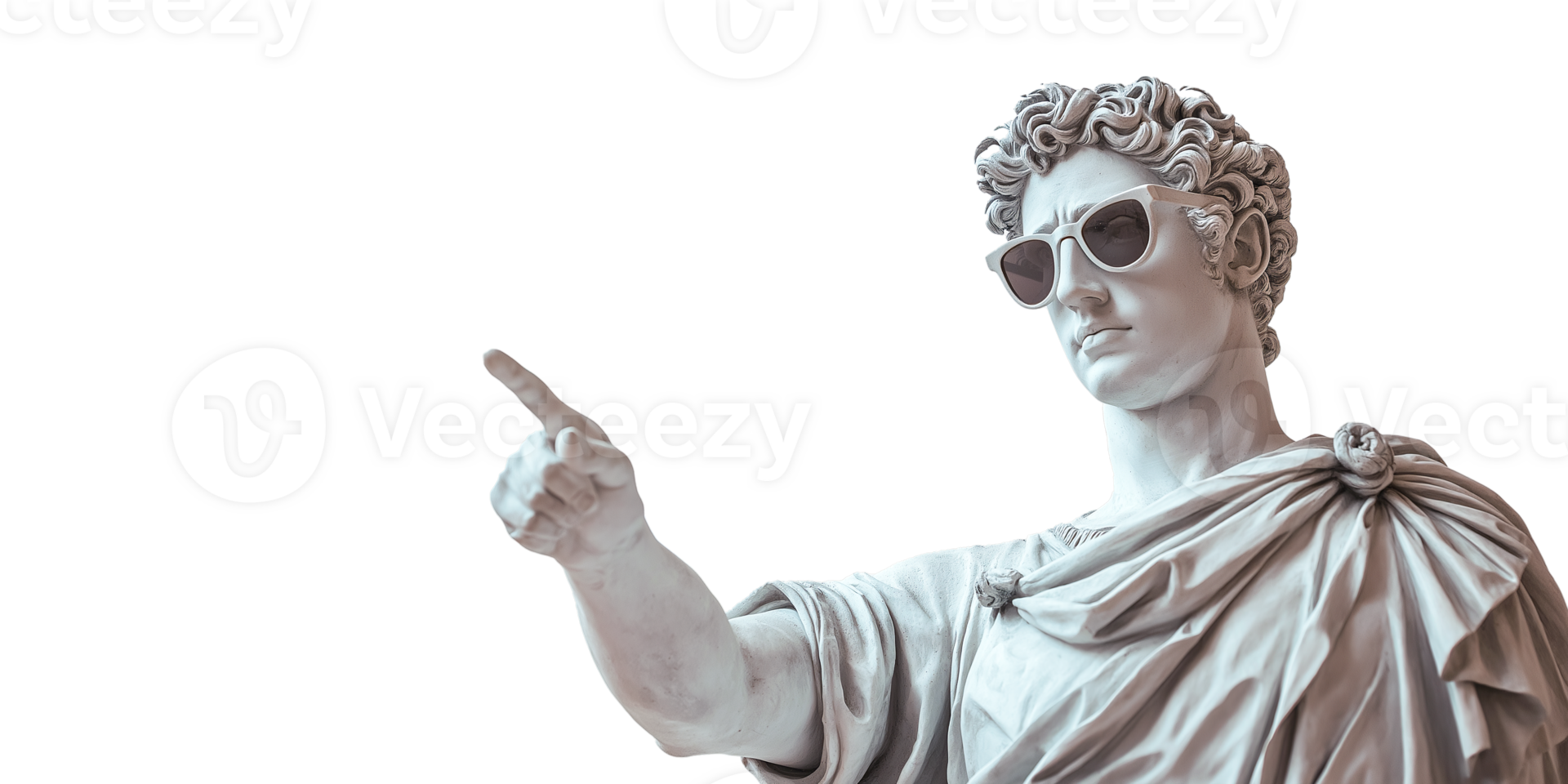 Sculpture of a Greek man in sunglasses pointing finger at your advertisement, male statue in Greek style isolated on a transparent background with copy space area png