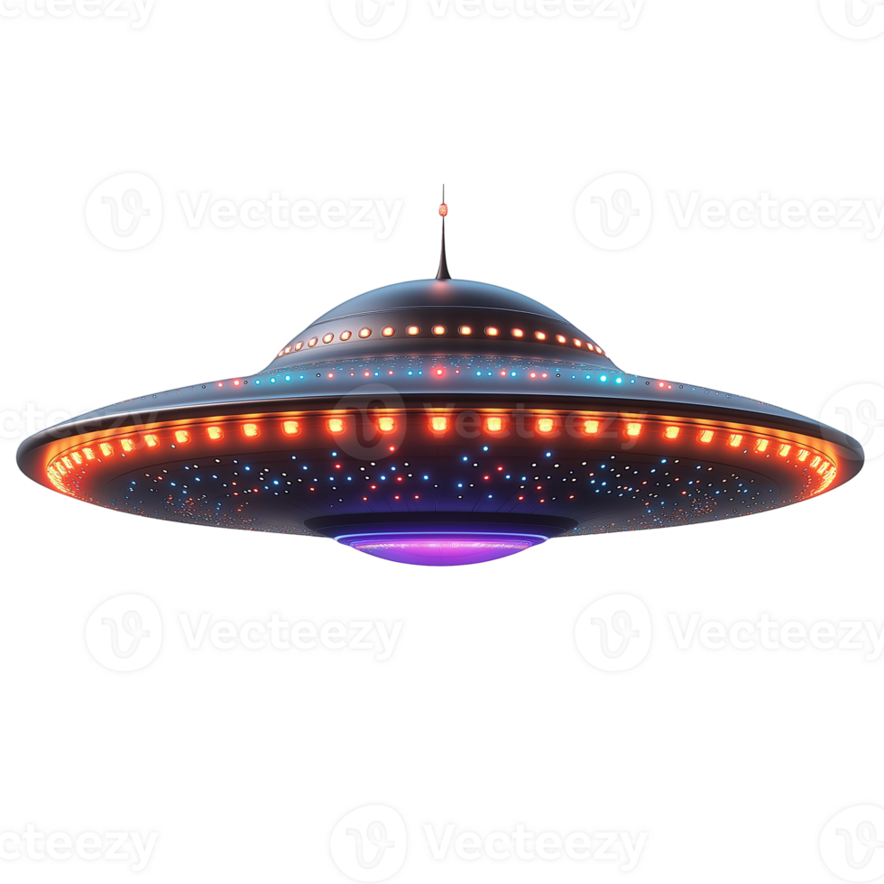 Realistic Flying Saucer UFO with Glowing Lights, Isolated on Transparency Background png