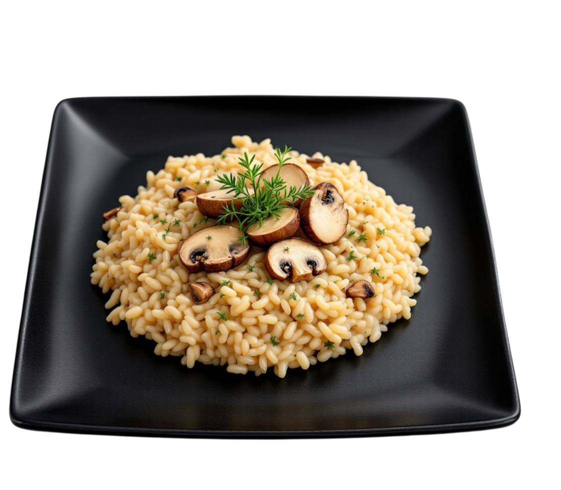 Delicious risotto with mushrooms on elegant black square plate, transparent background png