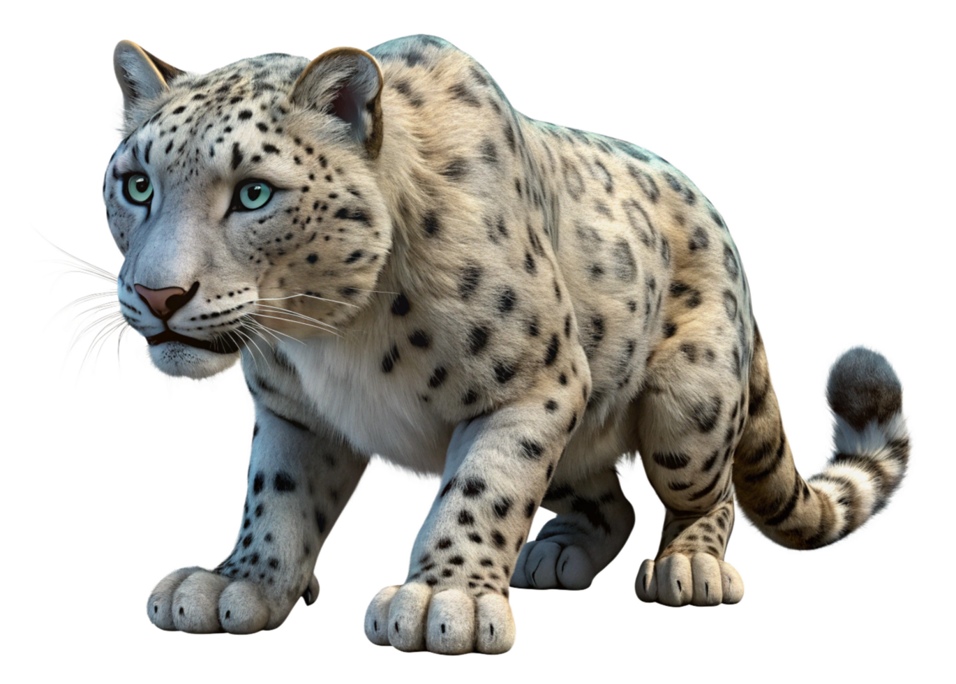 Dynamic crouching snow leopard in natural habitat wildlife photography mountain environment close-up perspective png
