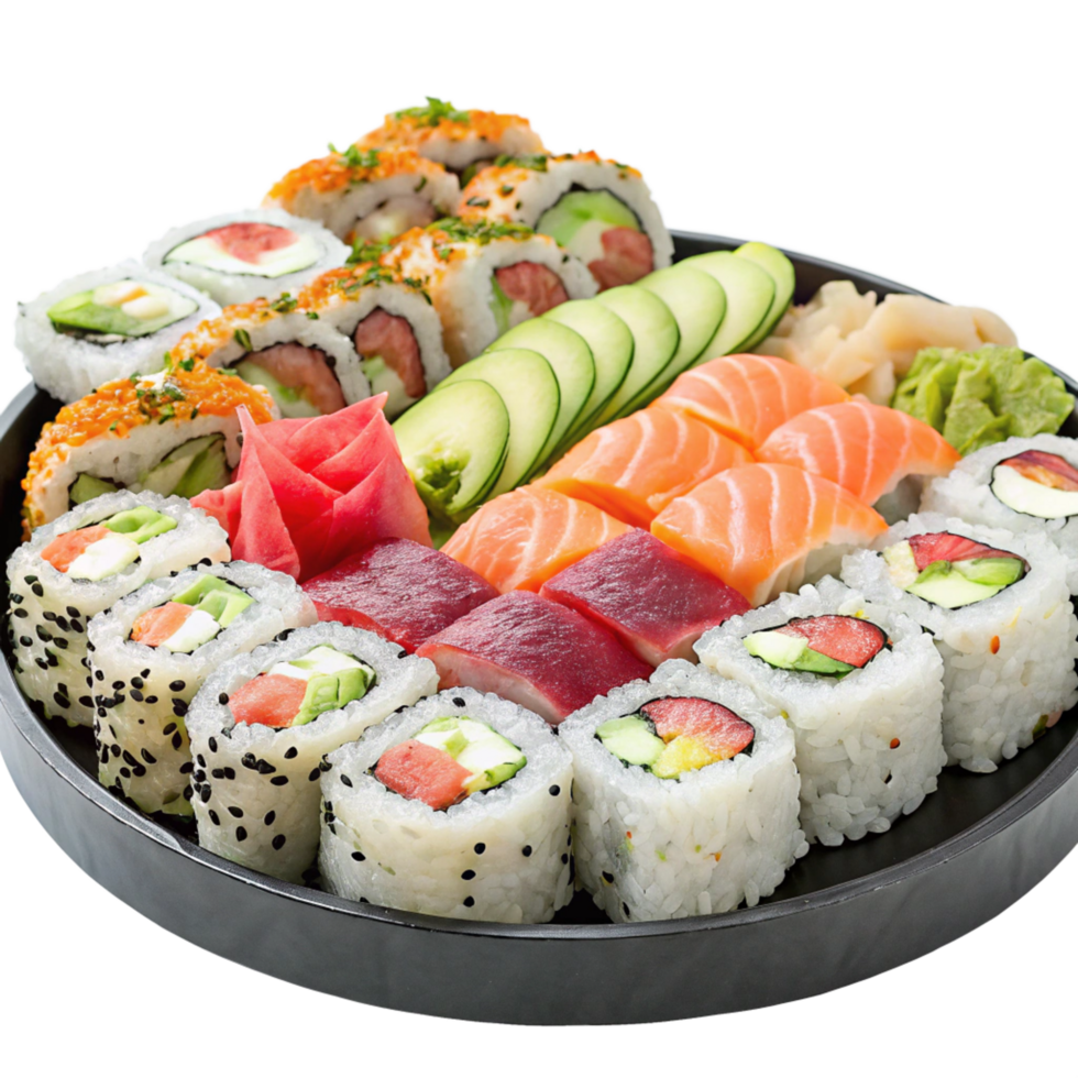 Savoring a delicious sushi platter with various rolls restaurant food photography contemporary setting overhead view png