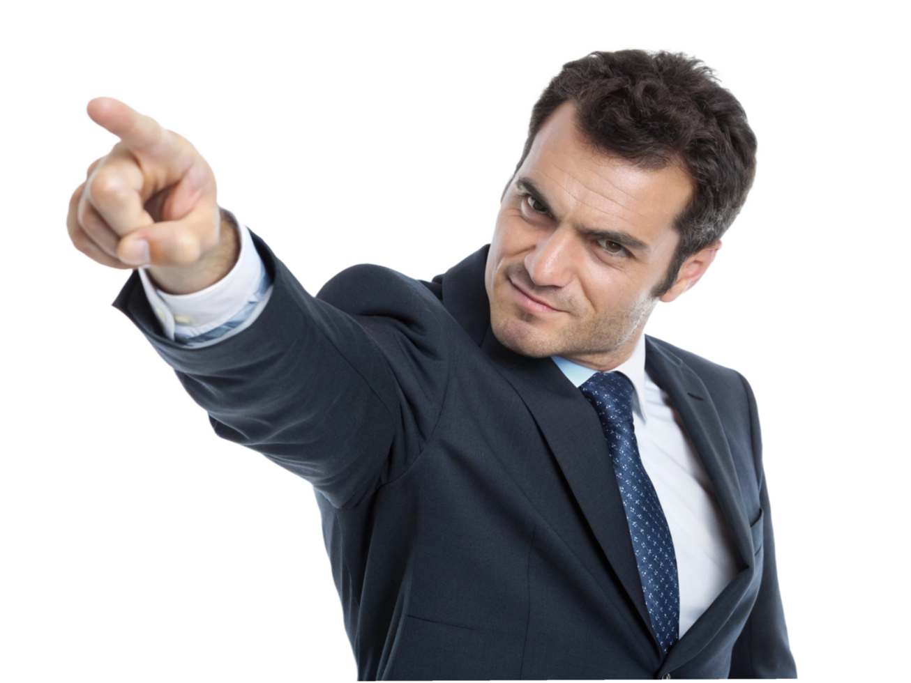 Confident businessman in suit pointing forward studio setting professional portrait dynamic expression png